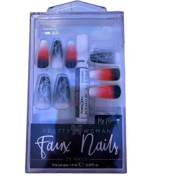 Pretty Woman Faux Nails Black Red Ombre Coffin 24pc Glue On Press On - Picture 1 of 3